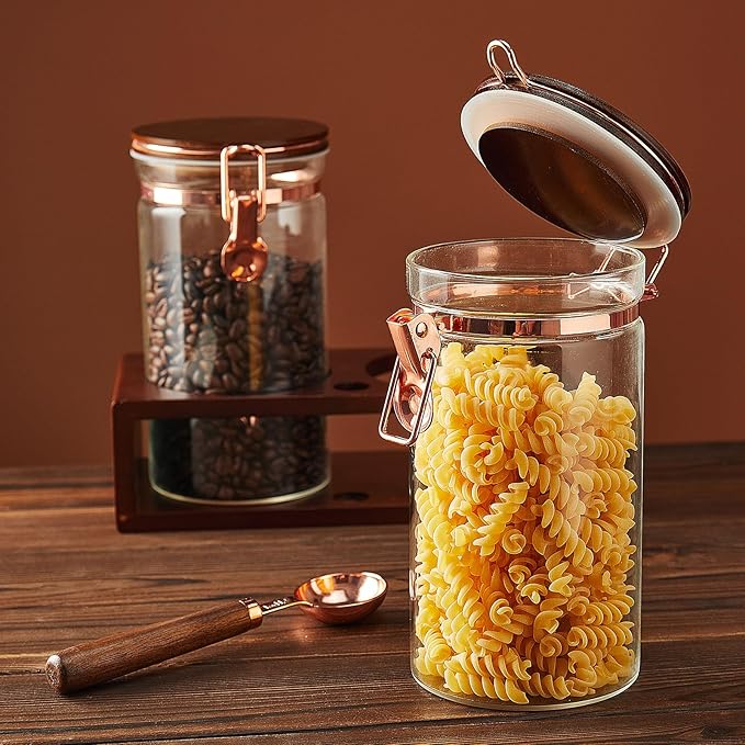 Glass Coffee Container with Wooden Shelf, 2 x 40 FLOZ Coffee Bean Storage with Sealed Closure Clips and Copper Spoon, Kitchen Large Capacity Food Storage Jar, Ground Coffee Container