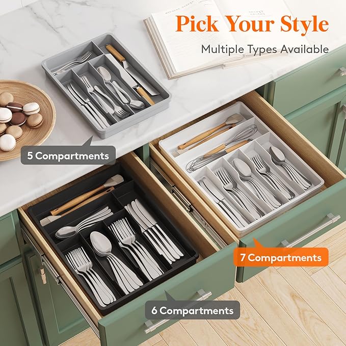 Lifewit Silverware Tray, Deep Wide Cutlery Drawer Organizer Storage for Kitchen, Plastic Flatware Utensil Holder Divider for Spoons Forks Knives Tableware, 7 Compartment, Gray