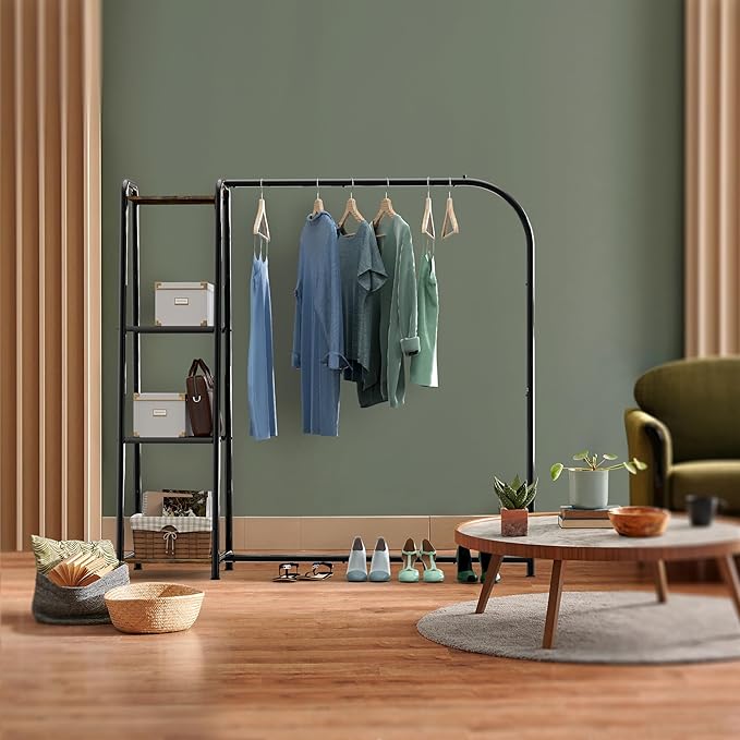 Simple Houseware Heavy Duty Clothing Garment Rack with 4 Shelves, Portable Closet Organizer for Hanging Clothes, Black