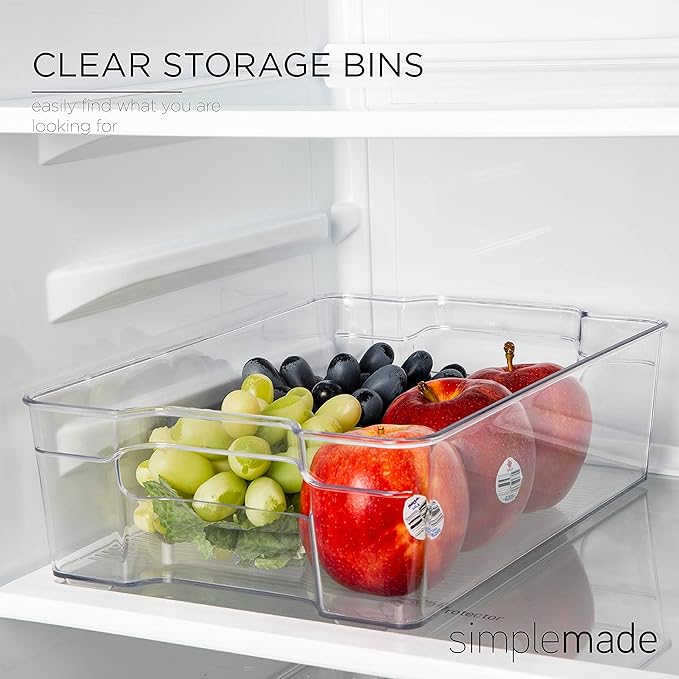 SIMPLEMADE Clear Refrigerator Organizer Bins - Clear Bins for Fridge, Containers for Fridge and Freezer, Multipurpose Storage for Kitchen, Office, Bathroom, Pack of 4 (8" x 12")