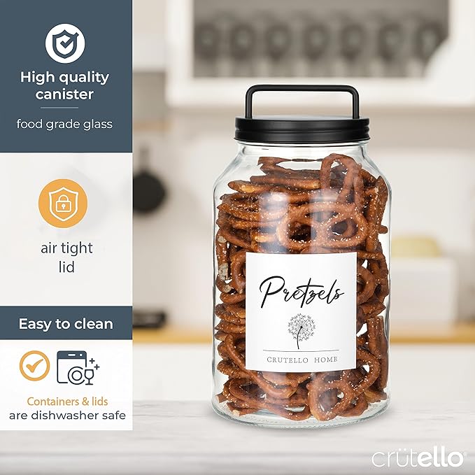 Crutello Large 1-Gallon Glass Canisters Set - 2 Pack, Black Stainless Steel Airtight Lids & Labels - Cookie Jar, Glass Jar for Laundry Room, Food Storage Containers, Kitchen Canister