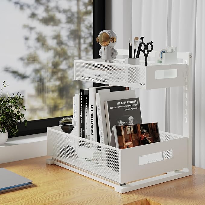 Sturdy Full Metal Organizer and Storage, 7 Height Adjustable, for Under Sink, Kitchen, Bathroom, Pantry, Cabinet, Closet with Mesh Sliding Bottom Drawer, Slides Out & In Smoothly