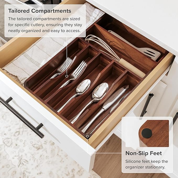 Silverware Organizer - Cutlery, Flatware, and Utensil Holder for Kitchen Drawers, Fixed 10.5” Width, 7 Storage Compartments, Non-Slip Feet, Rounded Corners, Acacia Wood