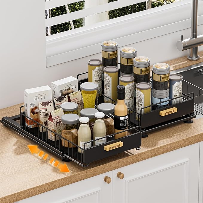Under Sink Organizer, 2 Packs Under Sink Organizers and Storage, Slide Out Pull Out Cabinet Organizer Shelf with Metal Drawers for Kitchen Bathroom Pantry, Black