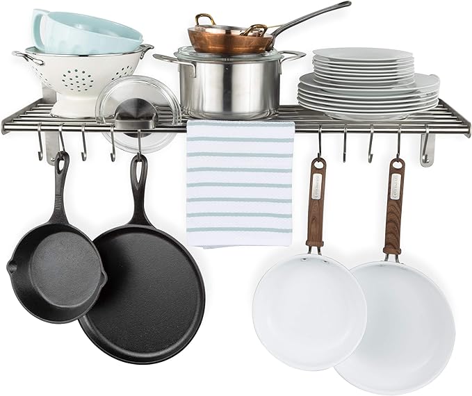 Wallniture Lyon Kitchen Organization and Storage Rack, Stainless Steel Metal Wall Shelf with 10 S Hooks for Hanging Pots and Pans, Chrome