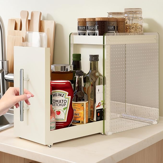 Pull Out Spice Rack Condiment Organizer for Countertop - 2-Tier Slide Out Seasoning Kitchen Organizer with Grease-Free Design - Suitable for Taller Bottles - Alternative to Lazy Susan (2-Tier Large)