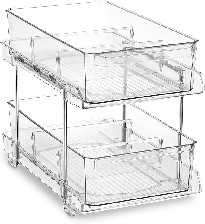 Masirs 2-Tier Clear Pull-Out Drawer Organizer - Sleek, Compact & Sturdy Makeup and Closet Organizer - Easy Assembly Kitchen Storage Solution, Ideal for Makeup, Tools, Medicines & Snacks
