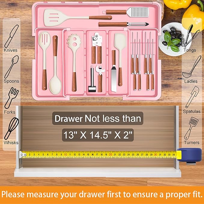 Utensil Drawer Organizer for Kitchen, Expandable Silverware Organizer Cooking Utensils Tray, Large Cutlery and Flatware Holder, Kitchen Tools & Gadgets Storage (Pink)