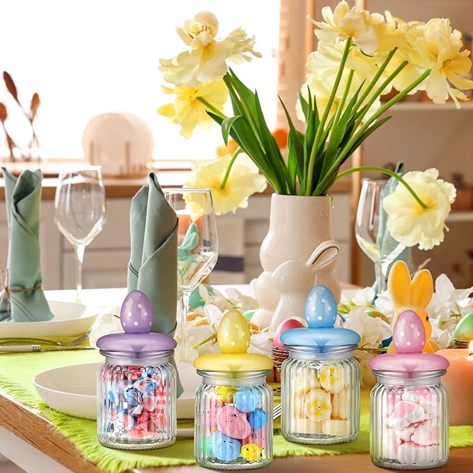 Nitial 4 Pcs Easter Glass Jar with Cap Bunny Rabbit Egg Shape Clear Candy Jar Decorative Food Storage Canister with Airtight Ceramic Lid for Eater Party Tea Cookie Table Decoration(7.8 oz,Easter Egg)