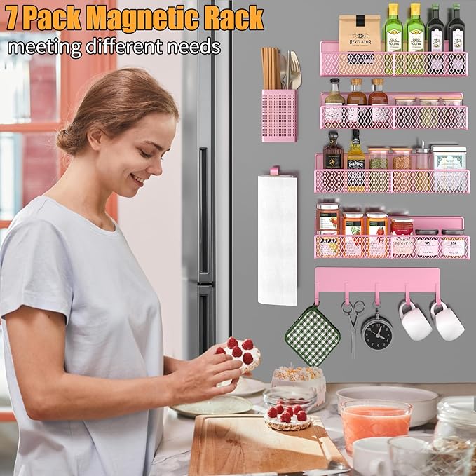 Pink Metal Spice Rack for Refrigerator, 7 Pack Moveable Organizer with Hook Rack, Paper Towel Holder, Strong Magnetic Storage