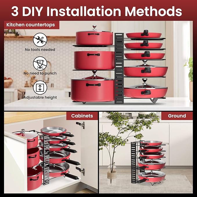 Podxco Pot and Pan Organizer for Under Cabinet, 8 Tiers Adjustable Pan Organizers Inside Cabinet with 3 DIY Methods, Upgrade of Pan Organizer Balance Ability, Kitchen Pan Rack Organizer for Cabinet