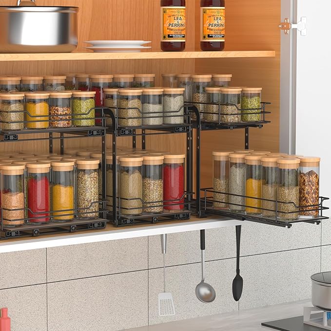 Spice Rack Organizer, 2-Tier Pull Out Spice Organizer, Heavy Duty Metal Basket for Inside Cabinets & Pantry Closet