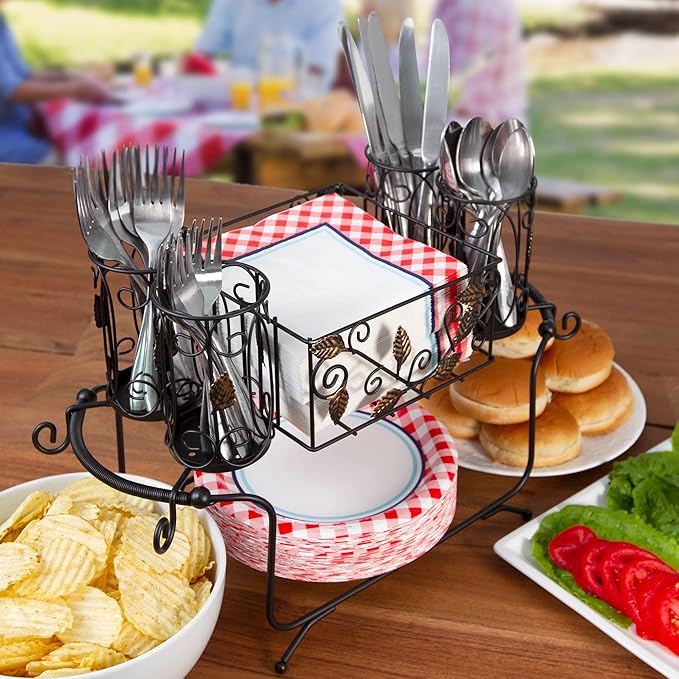 Utensil Caddy - Silverware Caddy or Napkin, Cutlery and Plate Holder - The Ideal 2-Piece Portable Outdoor Kitchen Accessories Buffet Organizer for Picnics, Camping, Barbecue, Parties and Events