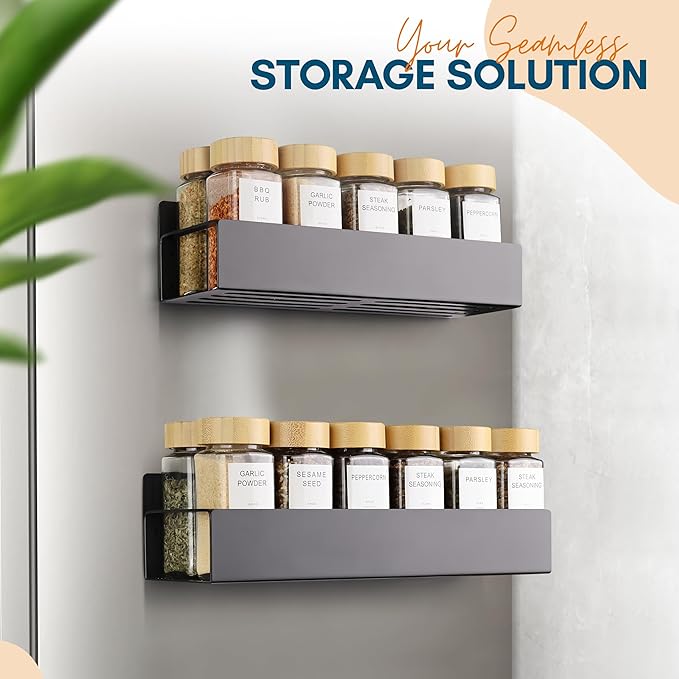 Magnetic Spice Rack for Refrigerator - Strong Magnetized Shelf for Fridge Storage - 2 Pack with Bonus Storage Cups and 4 Moveable Hooks - Versatile Space-Saving Kitchen Organizer Shelves