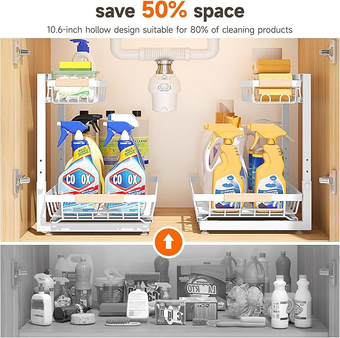 2 Packs Under Sink Organizer, High Adjustable 2 Tier Under Kitchen sink organizer, Multi-Purpose Storage Shelf for Kitchen Bathroom Cabinet, White