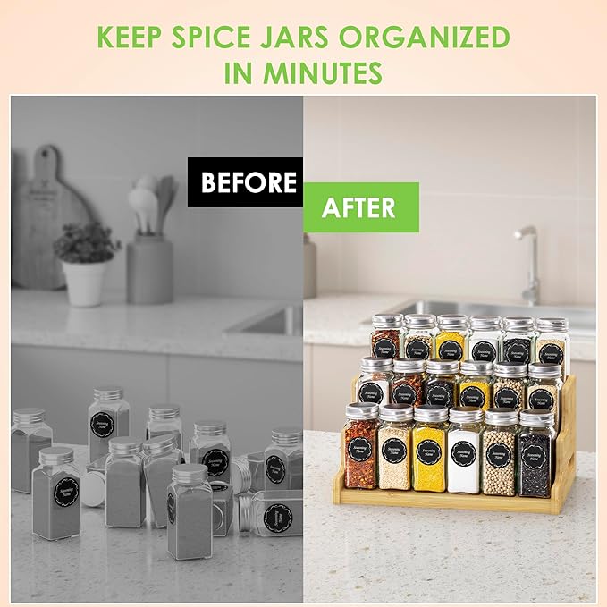 Bamboo Spice Rack Organizer for Cabinet, 3 Tier Wood Spice Shelf Organizer with 18 Spice Jars with Label Pack Included for Spice organization for cabinet Kitchen Countertop (Bamboo)