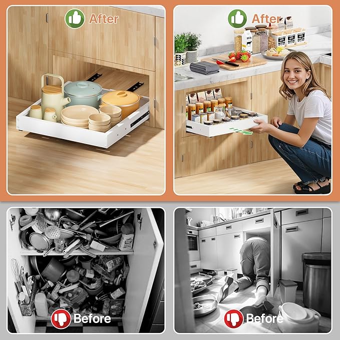 1 Pack Pull out Cabinet Organizer, Width (11"-19") Depth (16"-22"), with 3 Rails Adjustable Slide, Expandable Pullout Drawers for Cabinets, No Drill Adhesive Kitchen Drawers for Shelves