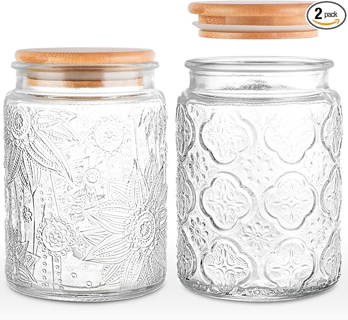 GUEQUITLEX Vintage Glass Jar with Lid, 24oz Food Storage Containers 2 Pack Clear Mason Jars With Airtight Lid for Kitchen Counter,Food Storage, Dry Food, Snacks, Candies, DIY Projects