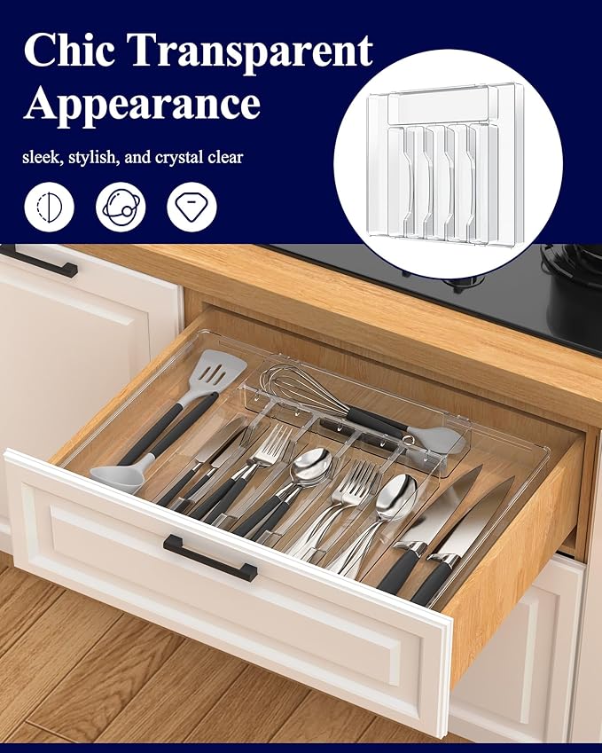 Kitsure Silverware Organizer - 8 Slots Expandable Drawer Organizer for Utensils & Cutlery, Multipurpose Kitchen Organizers and Storage Solution, Clear, 21.3" x 14.5" x 1.8"