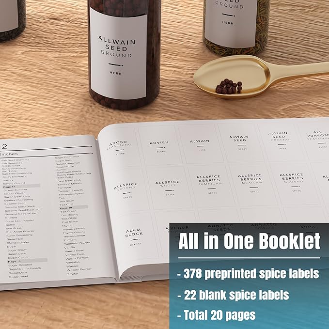 400 Minimalist Spice Labels, Preprinted Stickers Booklet, Black Text on White Waterproof Matte Backing, Herb Seasoning Spice Jars Rack Organization System