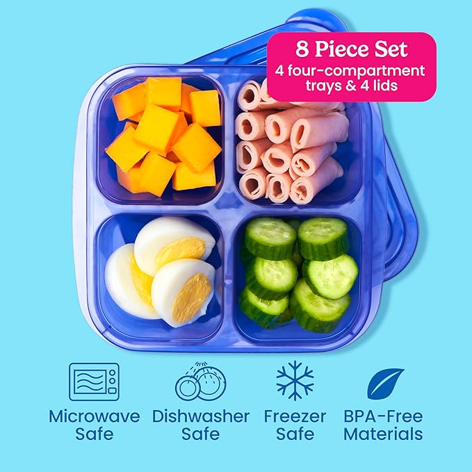 Bentgo Easyboxes 4-Compartment Snack Containers - 8-Piece Set with 4 Trays & 4 Custom-Fit Lids to Seal in Freshness - Reusable Food Storage & Meal Prep Bento BPA-Free Containers (Jewel Brights)