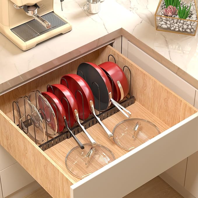 Expandable Pots and Pans Organizer Under Cabinet, with 10 Adjustable Dividers Pot and Pan Organizer, for Kitchen Baking Cookies Cookware Pantry Baking Pan Lid Organizer Black