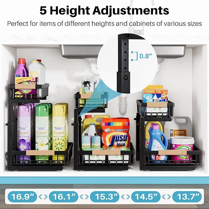 2-Packs 2-Tier Under Sink Organizers – Upgraded 3.0 Version, Sliding Pull-Out Cabinet Storage Shelf, Metal Drawer for Kitchen, Bathroom, Pantry & Closet Organization Rack, Rust-Resistant & Heavy-Duty
