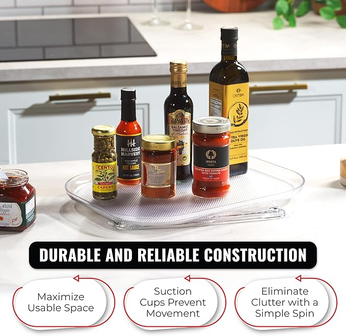 Oizeir Refrigerator Lazy Susan - Clear Rectangular Fridge Organizer - Turntable Tray Lazy Susan for Refrigerator - Cabinet & Pantry Organizer - Smooth 360° Rotating Swivel Spinning Fridge Shelf