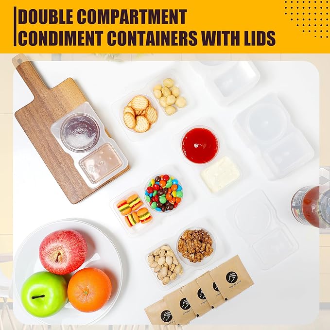 10 Sets Reusable Snack Containers with Lids, BPA-Free Double Compartment Condiment Storage, Leakproof Dipping Cups for Meal Prep, Portion Control, Travel & Outdoor Use (10)