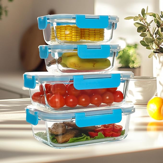 UMEIED 12 PACK Glass Food Storage Containers with Leak Proof Lids, Glass Airtight Meal Prep Containers Set for Lunch, On the Go, Leftover, Kitchen Pantry Organizers and Storage (Blue)