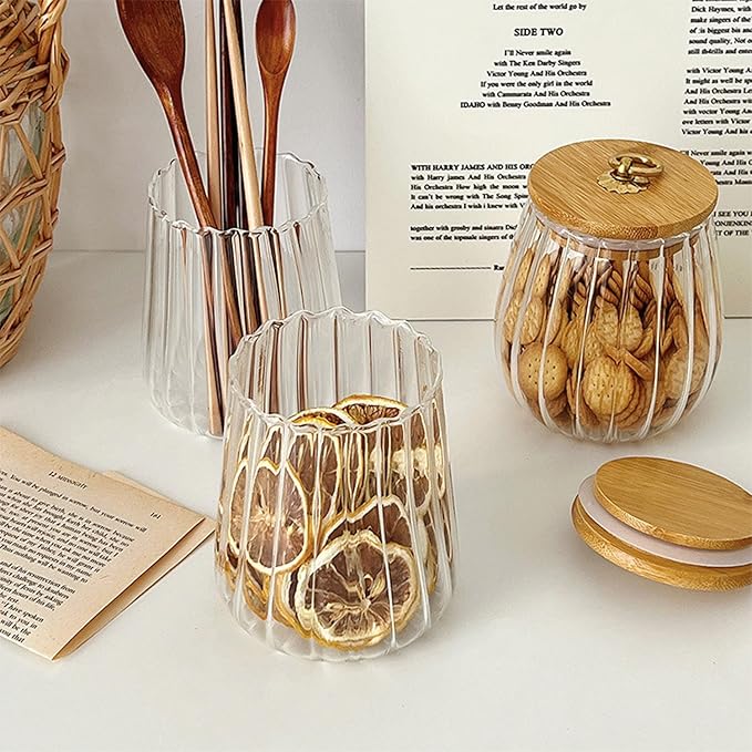 Strip Pattern Clear Glass Sugar Jar with Bamboo Lid,Food Storage Jar,Glass Jar with Lid,Coffee Candy Canister Airtight Storage Container (Conical+Oval)