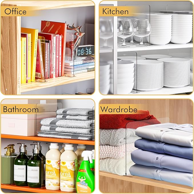 SSAWcasa Acrylic Shelf Dividers, 8 Pack Closet Organization Shelf Organizer for Any Thickness Wood Shelves, Clear Adjustable Purse Bag Sweater Shelving Separator for Bedroom Cabinet Office Storage