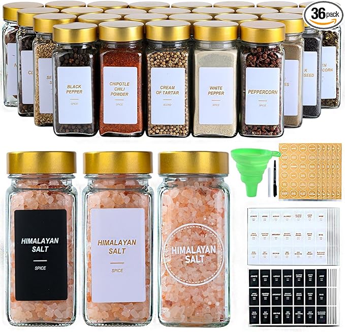 Glass Spice Jars with Label, 36 Pcs Spice Jars with Shaker Lids-4 oz Gold Spice Seasoning Jars Bottles Containers Set for Spice Rack (36)