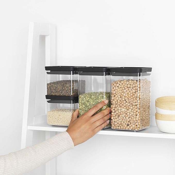 Brabantia Tasty+ 4pc Stackable Food Canisters Set (Dark Gray) 2x 0.7qt & 2x 1.7qt BPA-Free Space-Saving Jars with Silicone Seal Lids for Freshness