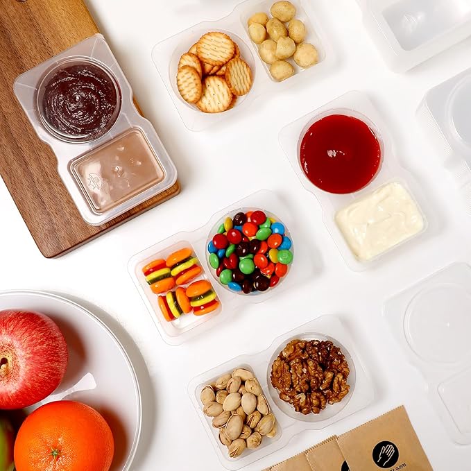 10 Pack Leak-Proof Dual Compartment Containers with Lids, Reusable Sauce Cups for Dips, Condiments, Snacks, Salads – Ideal for Catering, Parties & Takeout