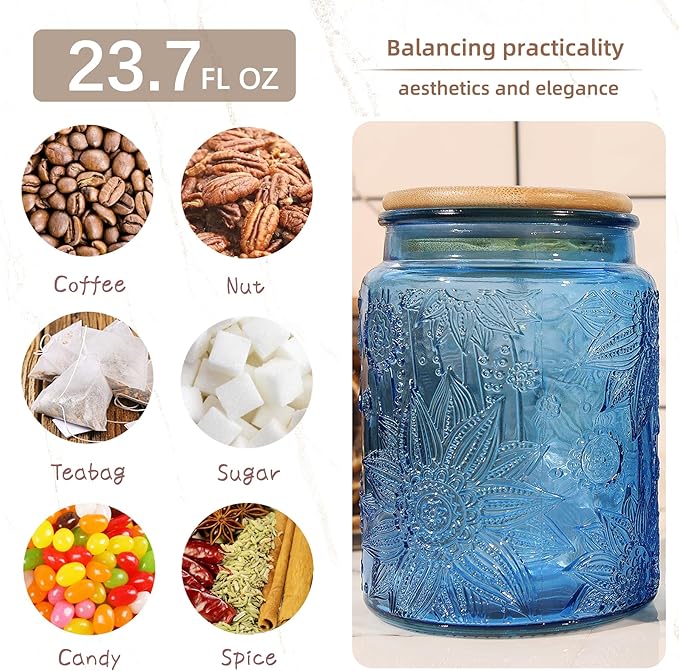 Blue Vintage Glass Candy Jar with Airtight Bamboo Lid, 23.7oz Kitchen Storage Canister for Sugar, Coffee, Tea, Cookies, Bath Salt - Decorative Mason Jar for Pantry & Counter(Blue, 23.7 fl oz)