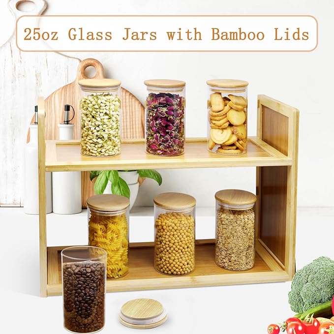 25oz Glass Jars with Airtight Bamboo Lids and Labels, Glass Food Storage Containers for Kitchen Pantry Organization for Coffee Tea Candy Cookie Nuts(6 Pack)