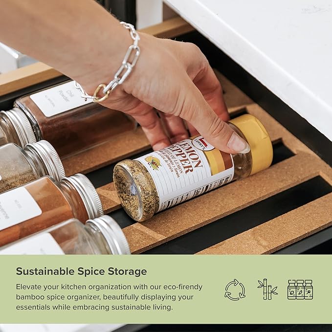 Spice Drawer Organizer with Expandable Storage. Holds up to 15 Spice Jars (Not Included), Non-Slip Feet, Kitchen Accessory Storage, 100% Sustainable Bamboo Wood, Food-Safe Black Finish