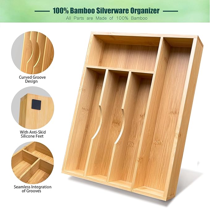 Bamboo Silverware Drawer Organizer, Silverware Organizer, Silverware Utensil Tray Holder and Cutlery Tray for Flatware and Kitchen Utensils