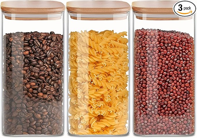 50oz Square Glass Storage Containers with Lids, Clear Food Storage Container Jar with Sealing Bamboo Lid for Noodles Flour Cereal Rice Sugar Tea Coffee Beans,Square Set of 3