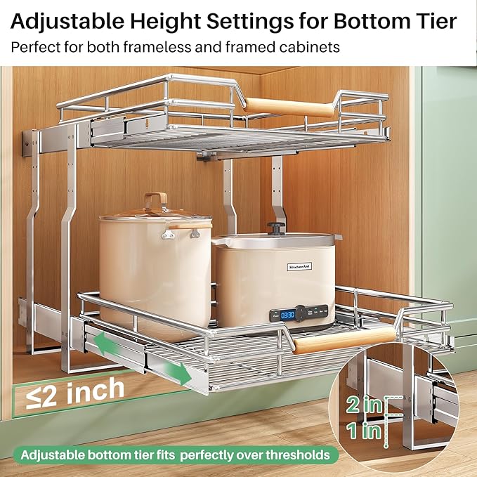 Kitstorack Pull out Cabinet Organizer,2 Tier Heavy Duty Smooth Sliding Under Cabinet Shelves for Pots and Pans,Roll out Drawers with Thickened Chrome Plating(23" W X 21" D)