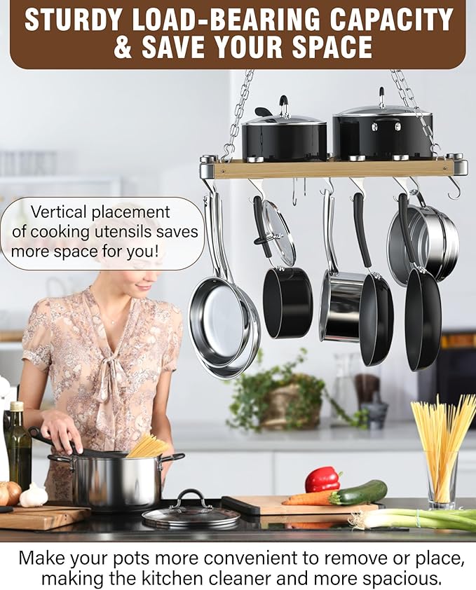 Cooks Standard Ceiling Mounted Wooden Pot Rack, 24-inch by 18-inch, Brown