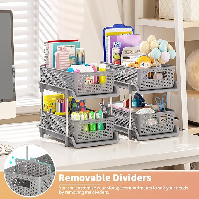 Bathroom Organizer with Dividers, 2Pcs 2 Tier Stackable Under Sink Organizers and Storage Cabinet Organizers for Bathroom Kitchen Pantry Organization and Storage, Medicine Cabinet Organizer
