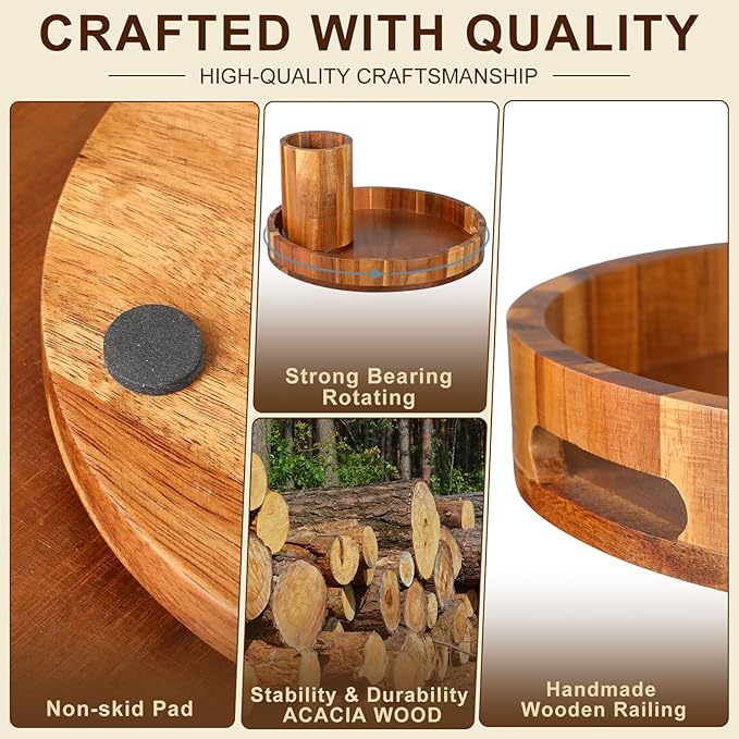 12" Lazy Susan Wooden Revolving Spice Rack with Utensil Holder, Turntable Kitchen Organizers and Storage for Counter Refrigerator Pantry Cabinet Cupboard, Farmhouse Kitchen Decoration, Brown