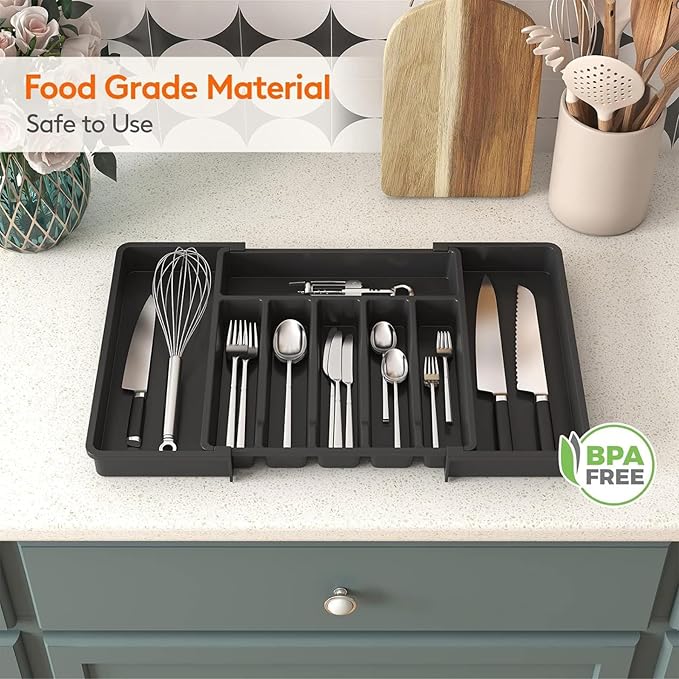silverware drawer organizer, expandable silverware storage, utensil organizer, durable plastic cutlery storage box for forks, spoons, and knives - kitchen essentials for new home (black)