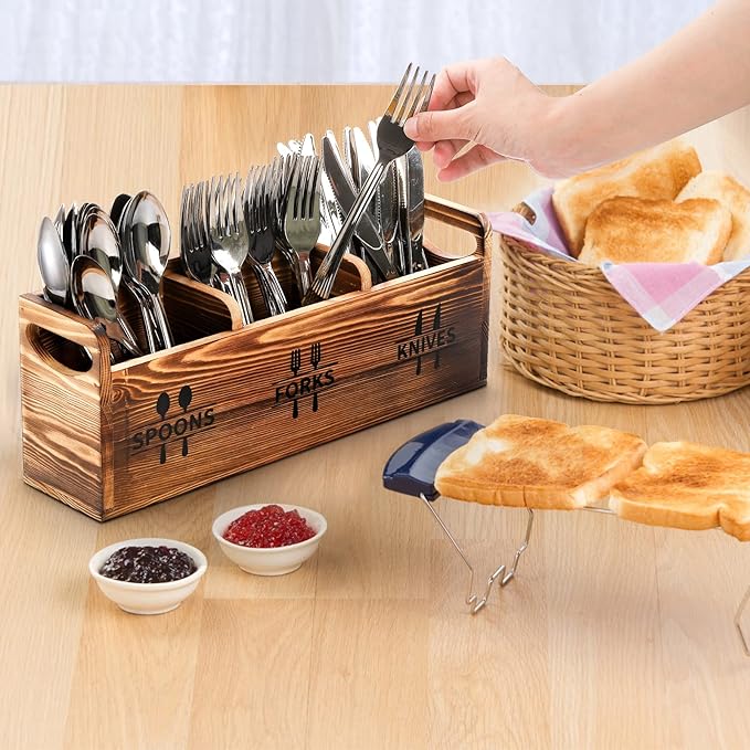 Fasmov 2 Pack Silverware Caddy, Wooden Utensil Caddy Silverware Cutlery Holder with 3 Compartment, Utensil Holder for Spoons, Knives, Forks, Perfect for Kitchen Decor and Countertop