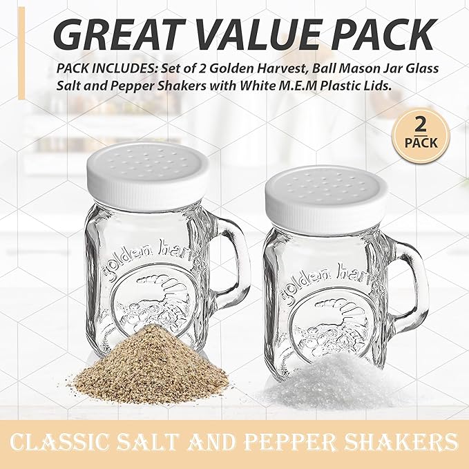 Salt and Pepper Shakers Glass Set With Handle - 4 oz Golden Harvest Ball Mason Jars Glass Salt and Pepper Shakers with White M.E.M Plastic Lids - Perfect for Spices, Table Salt, Black and White Pepper