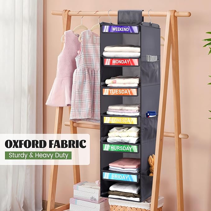 2 Pack 6-Shelf Weekly Clothes Organizer for Kids, Hanging Daily Closet Organization with 6 Side Pockets, Days of The Week Clothing Divider Storage for Boys and Girls (Grey)