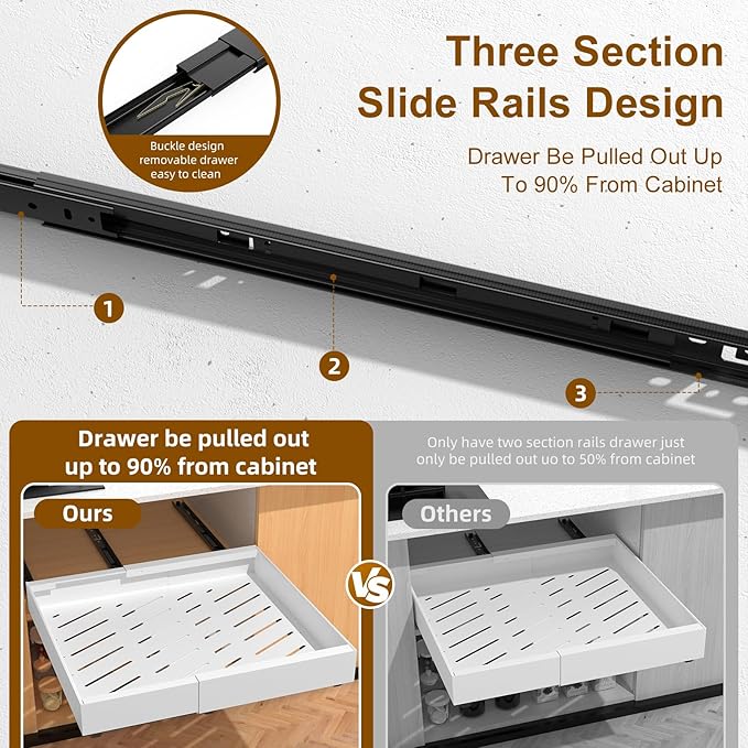 1 Pack 21" Deep Pull Out Drawers for Cabinets, Expandable Slide Out Drawers for Kitchen Cabinets, Pull Out Cabinet Organizer Roll Out Shelves for Pantry(Width 12.2"-19.7", White)
