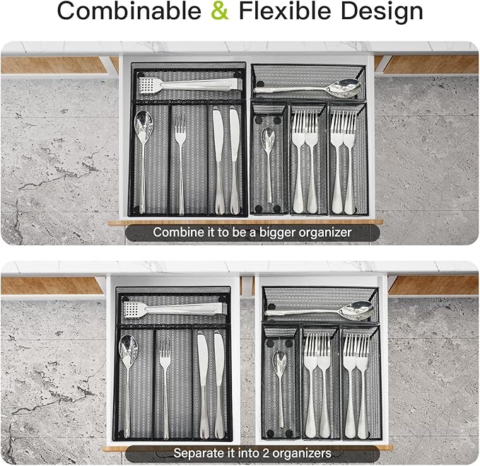Drawer Organizer Set 5 Pack - 4-Compartment Silverware Organizer Tray + 4 Utensil Trays, Kitchen Drawer Organizer for Flatware, Cutlery, Office Supplies, Black Mesh, Non-Slip.